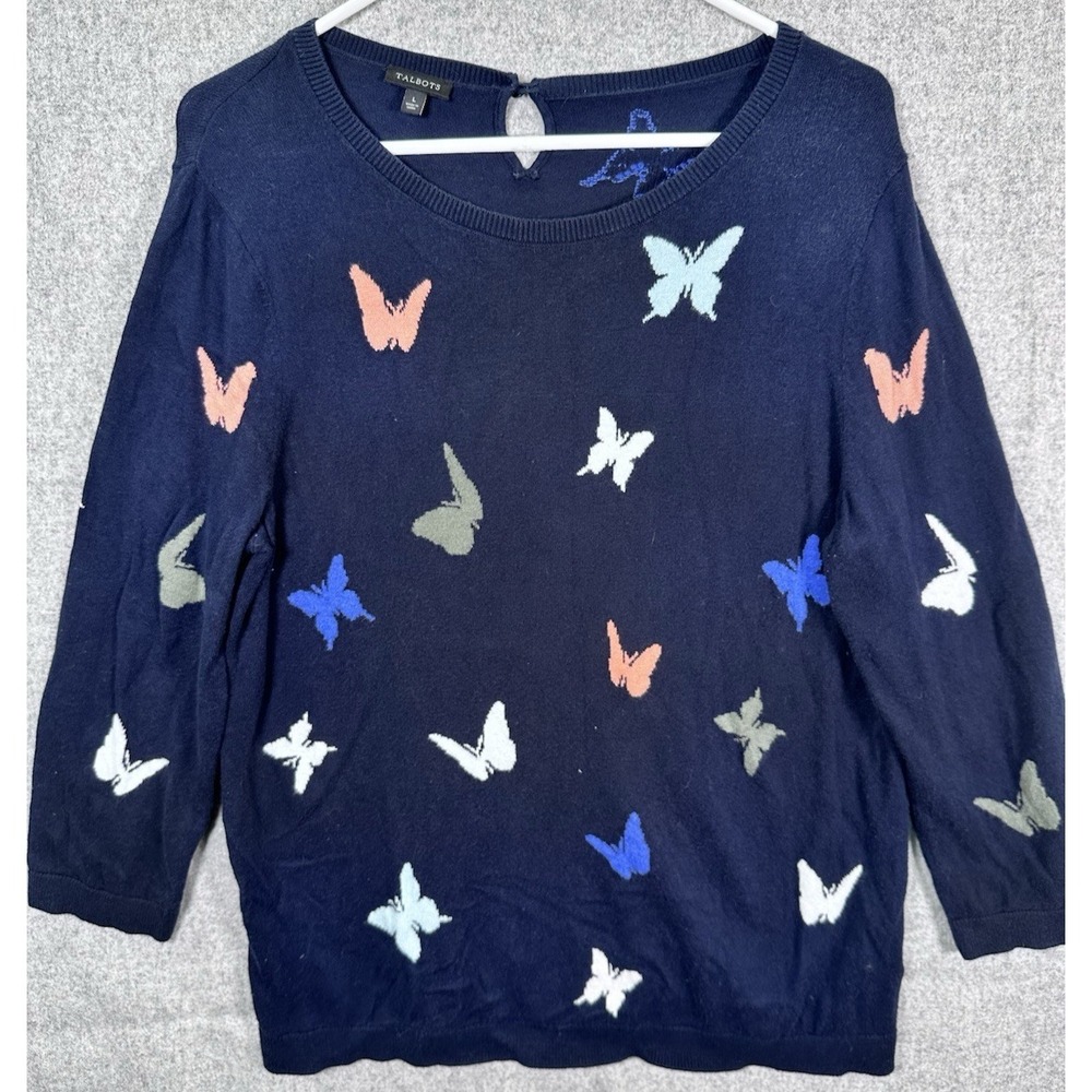 Talbots Womens Sweater Large Navy Blue Spring Butterfly Lightweight 3/4 Sleeve